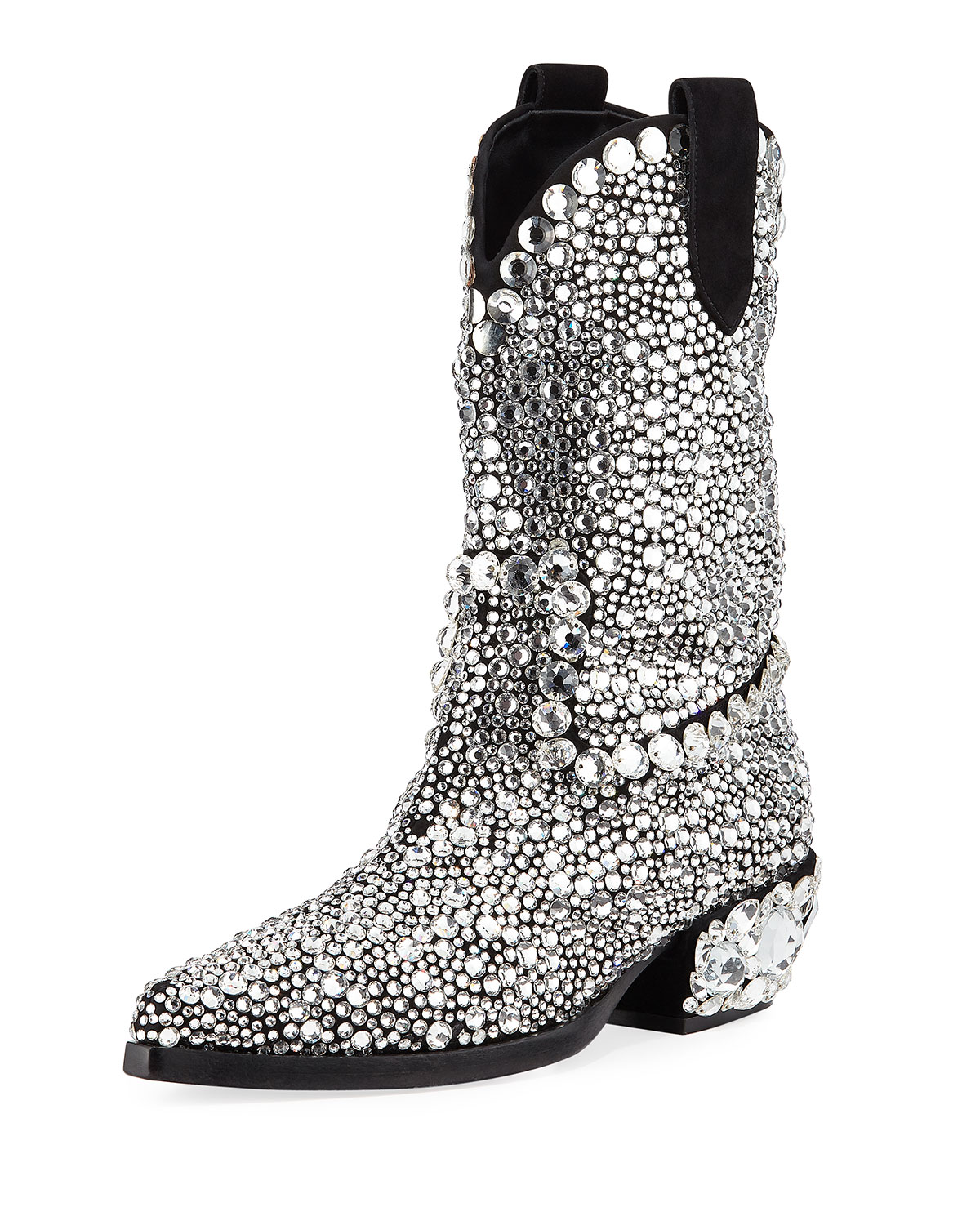 Black Snip Toe Rhinestone Embellished Western Ankle Boots for Women