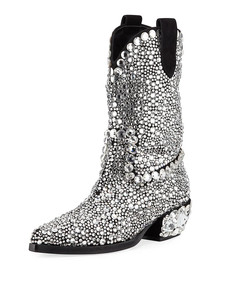 Black Silver Rhinestones Chunky Heel Western Boots |FSJ Shoes