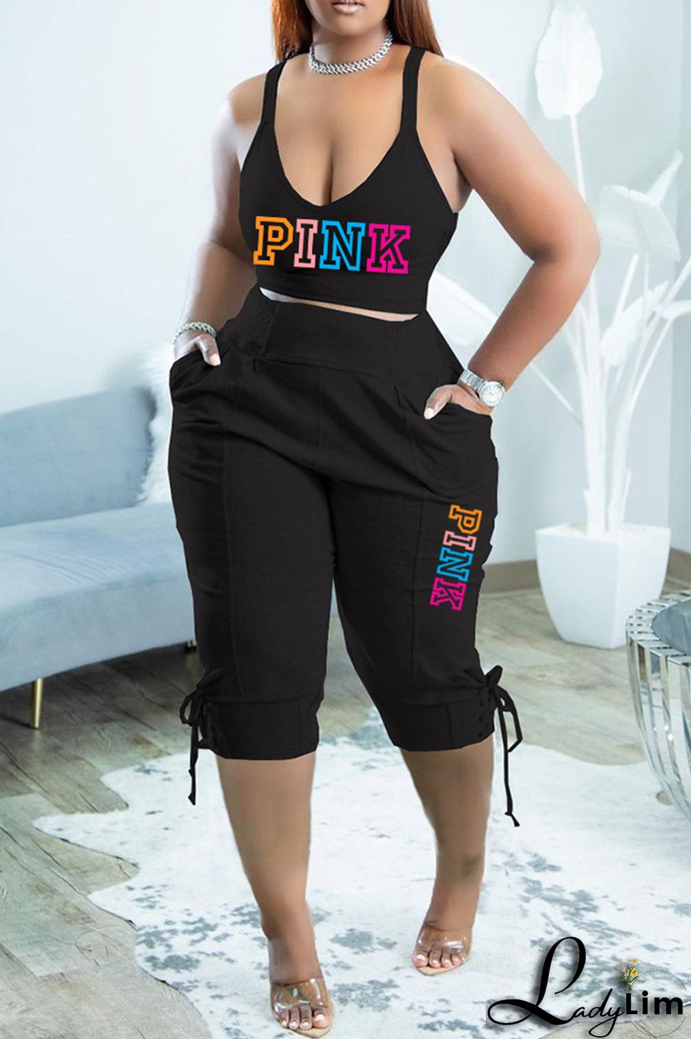 Orange Sexy Casual Letter Print Backless Spaghetti Strap Sleeveless Two Pieces