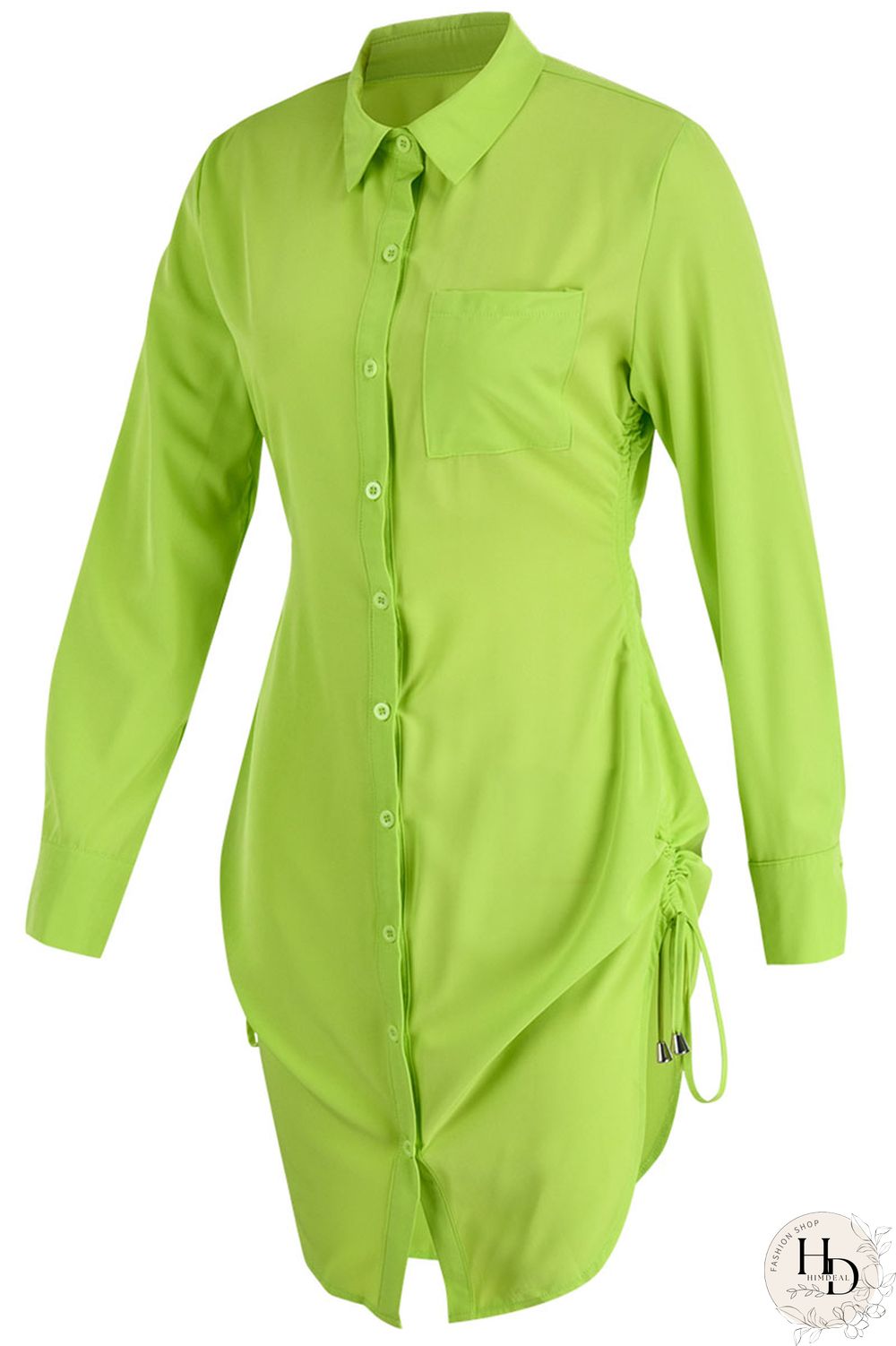 Fluorescent Green Casual Solid Bandage Patchwork Buckle Turndown Collar Shirt Dress Dresses