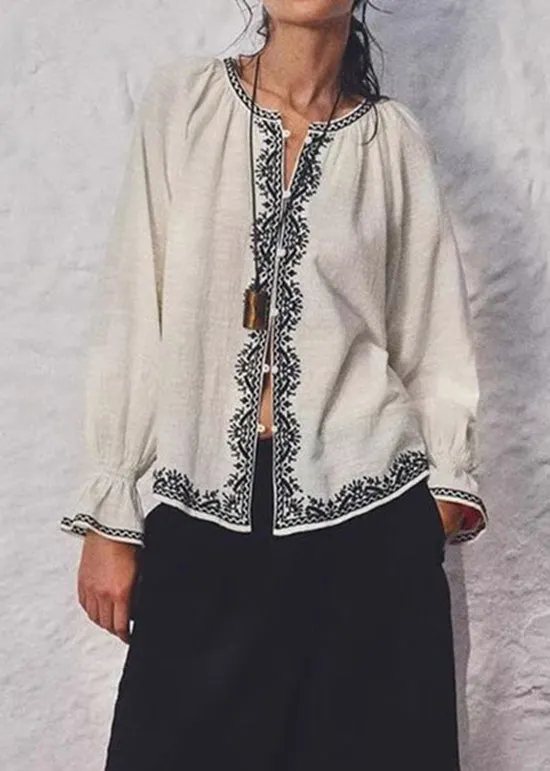 Italian Beige O Neck Embroidered Cotton Tops Fall