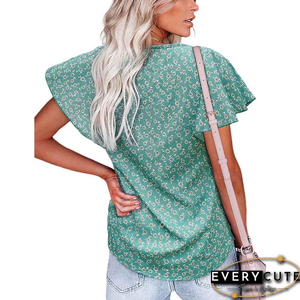 Green V Neck Floral Print Ruffle Short Sleeve Tops