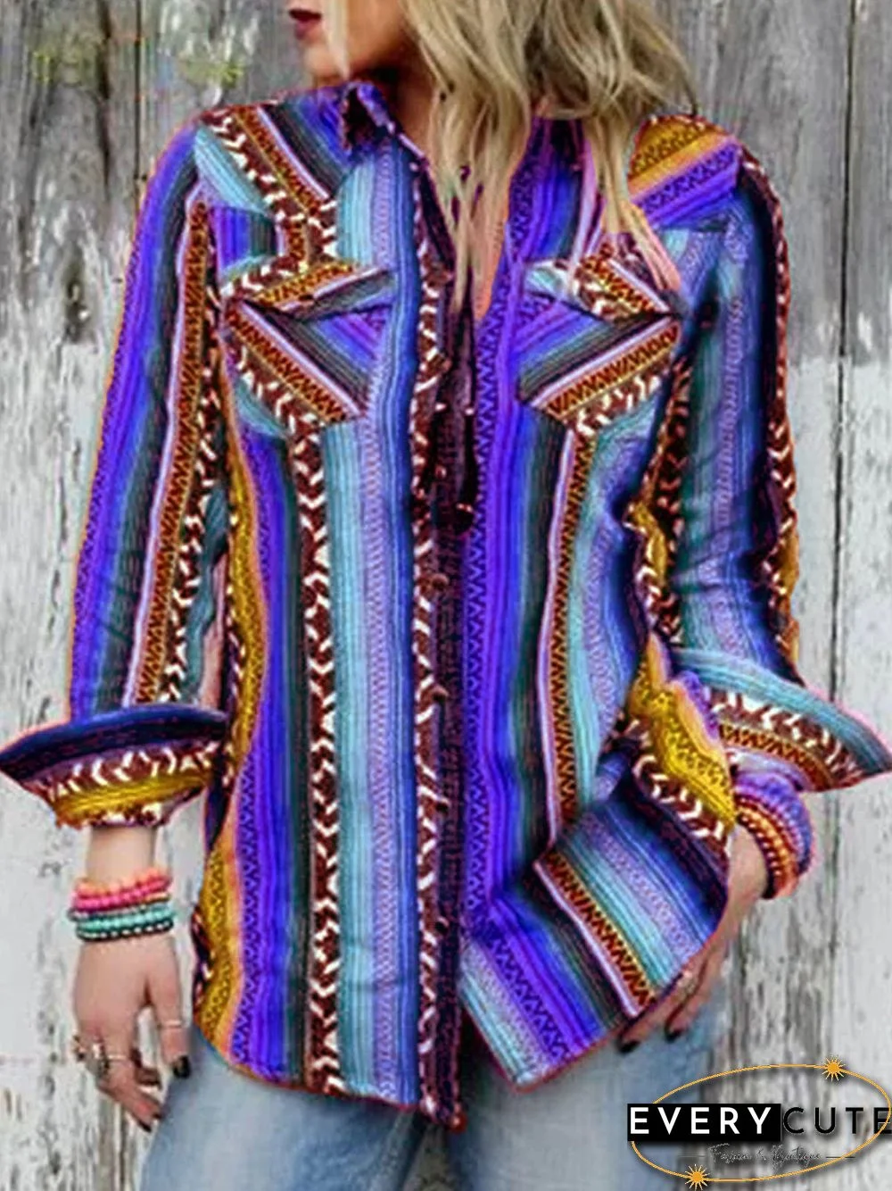 Multicolor Boho Shirt Collar Color-Block Striped Blouse