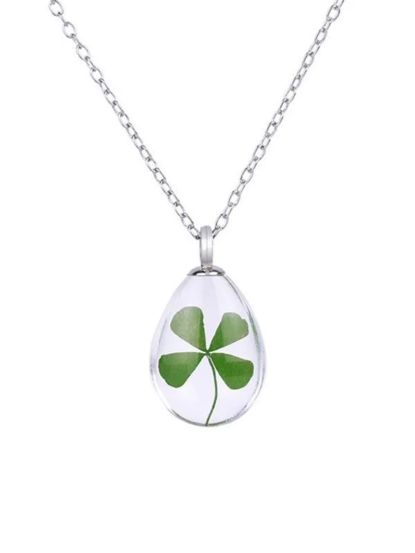 St. Patrick's Day Clear Glass Clover Clover Dry Flower Necklace-4type-Mayoulove
