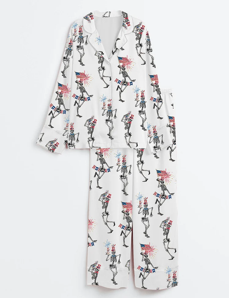 Women&rsquo;s 4th Of July Skellies Dancing Skeleton American Flag Stars And Stripes Red White Blue Long Sleeve Satin Pajama Set