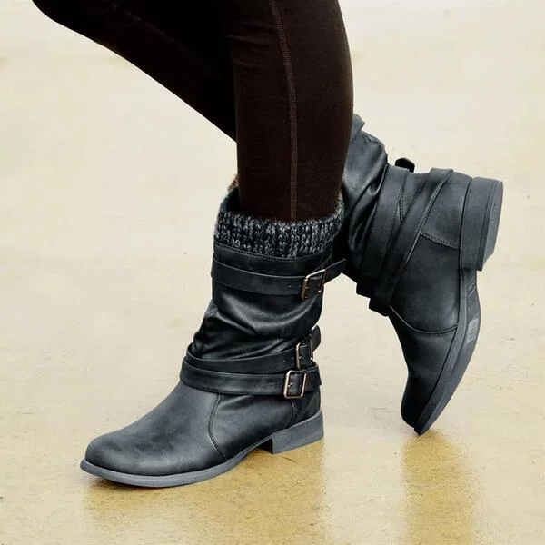 Women's PU Flat Heel Boots Mid-Calf Boots Winter Boots With Buckle Shoes