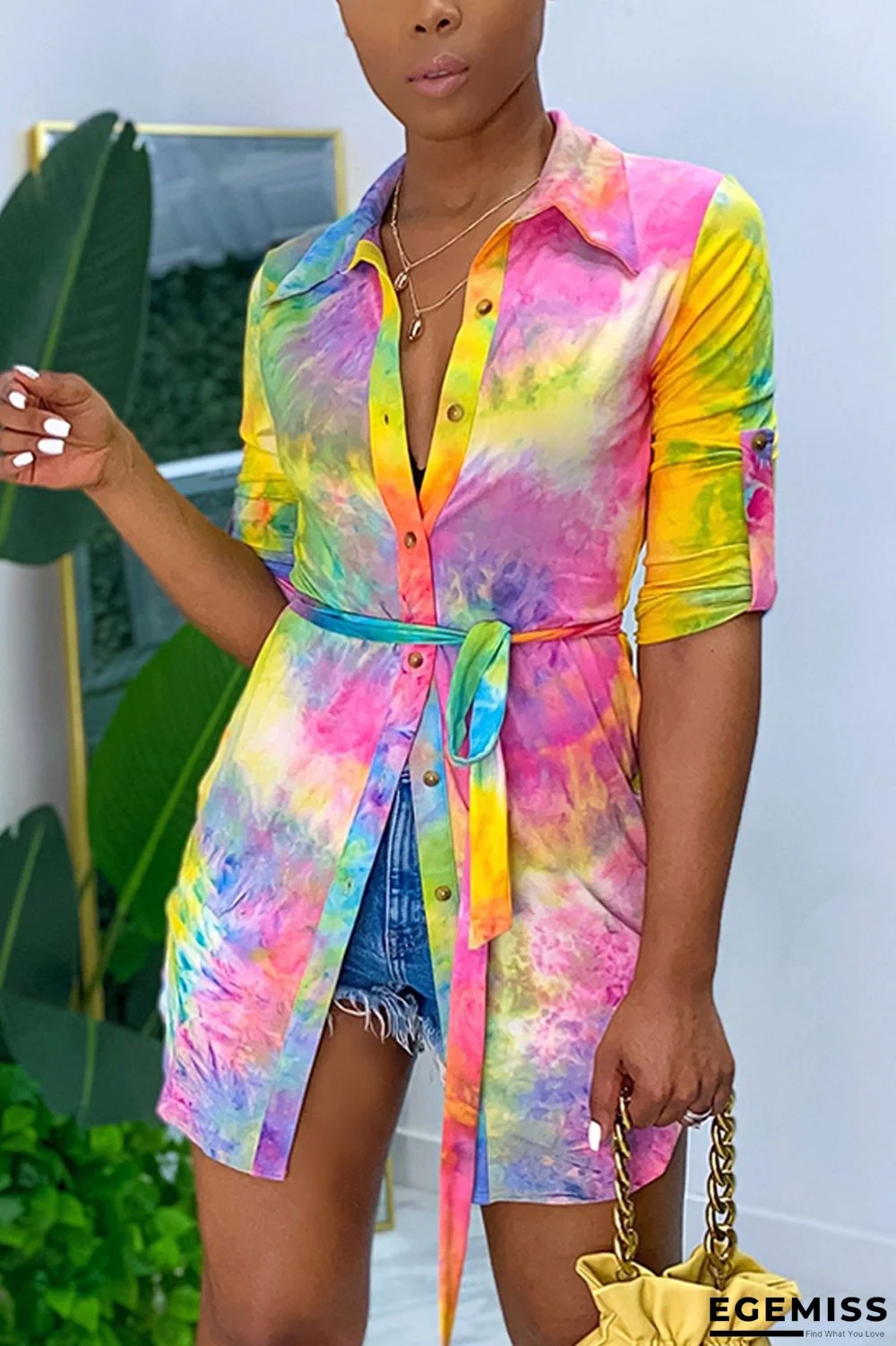 Colorful Fashion Casual Turndown Collar Long Sleeve Regular Sleeve Long Print Tie Dye Tops | EGEMISS