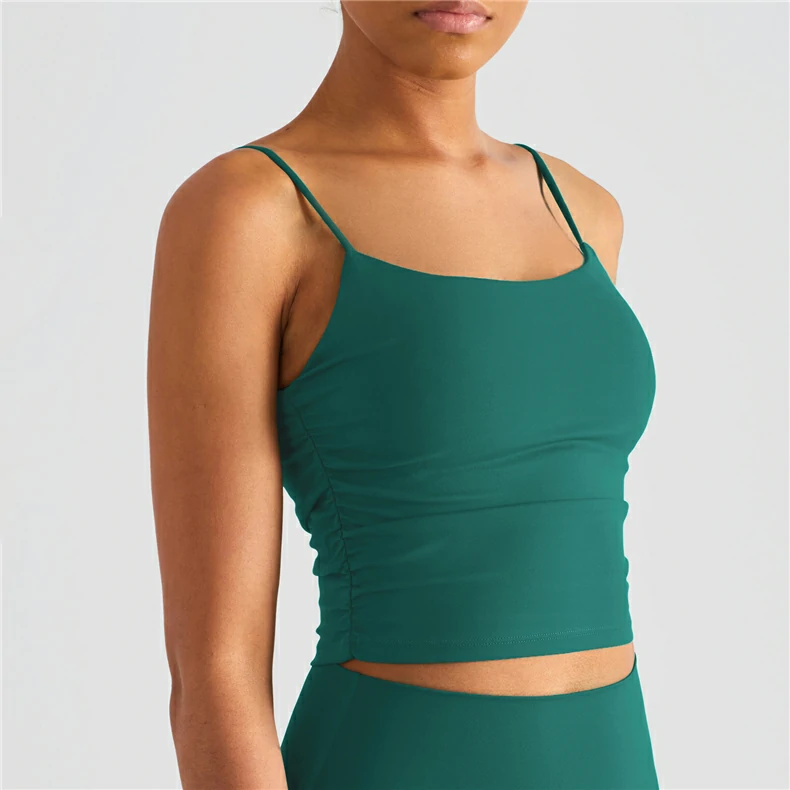 Laguna Hergymclothing scrunch sides u back nude feeling spaghetti strap gym cropped tank top with pads for sale
