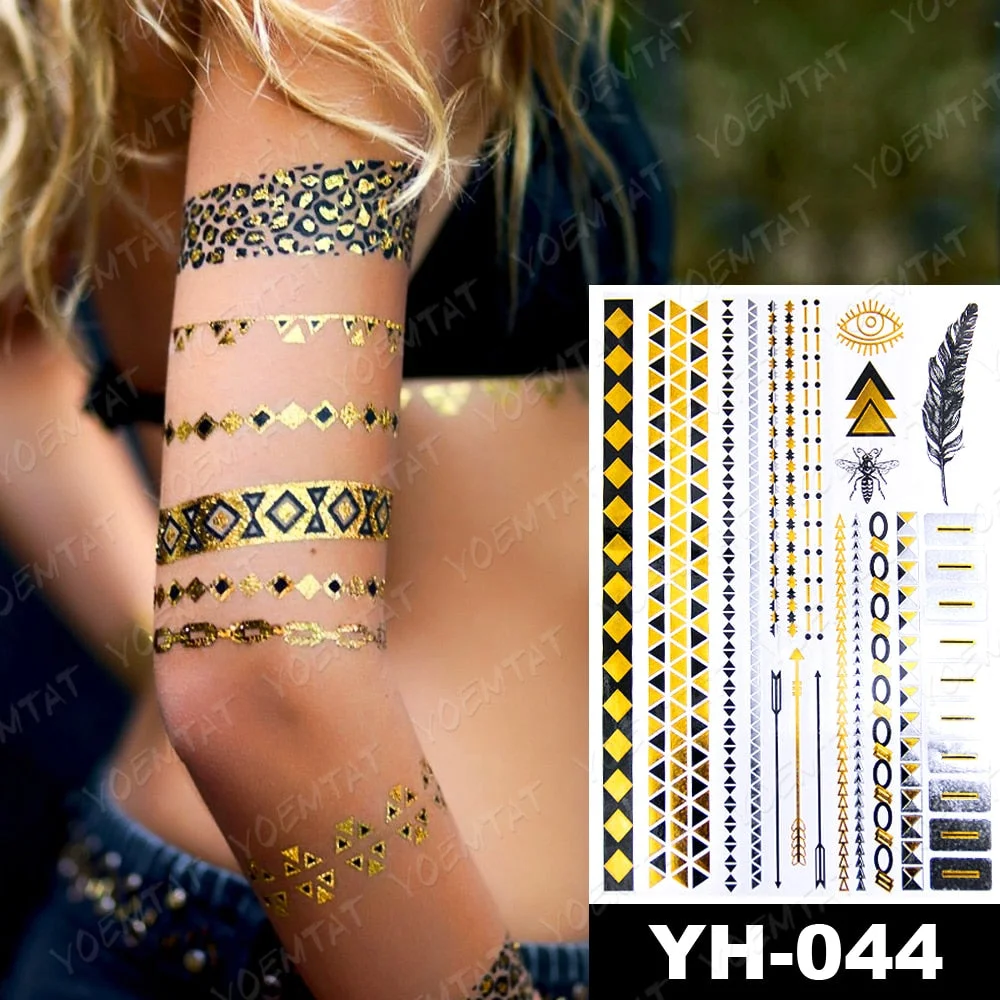Waterproof Temporary Tattoo Sticker Gold Silver Henna Indian Hand Painted Glitter Tattoos Women Mandala Flower Feather Body Art