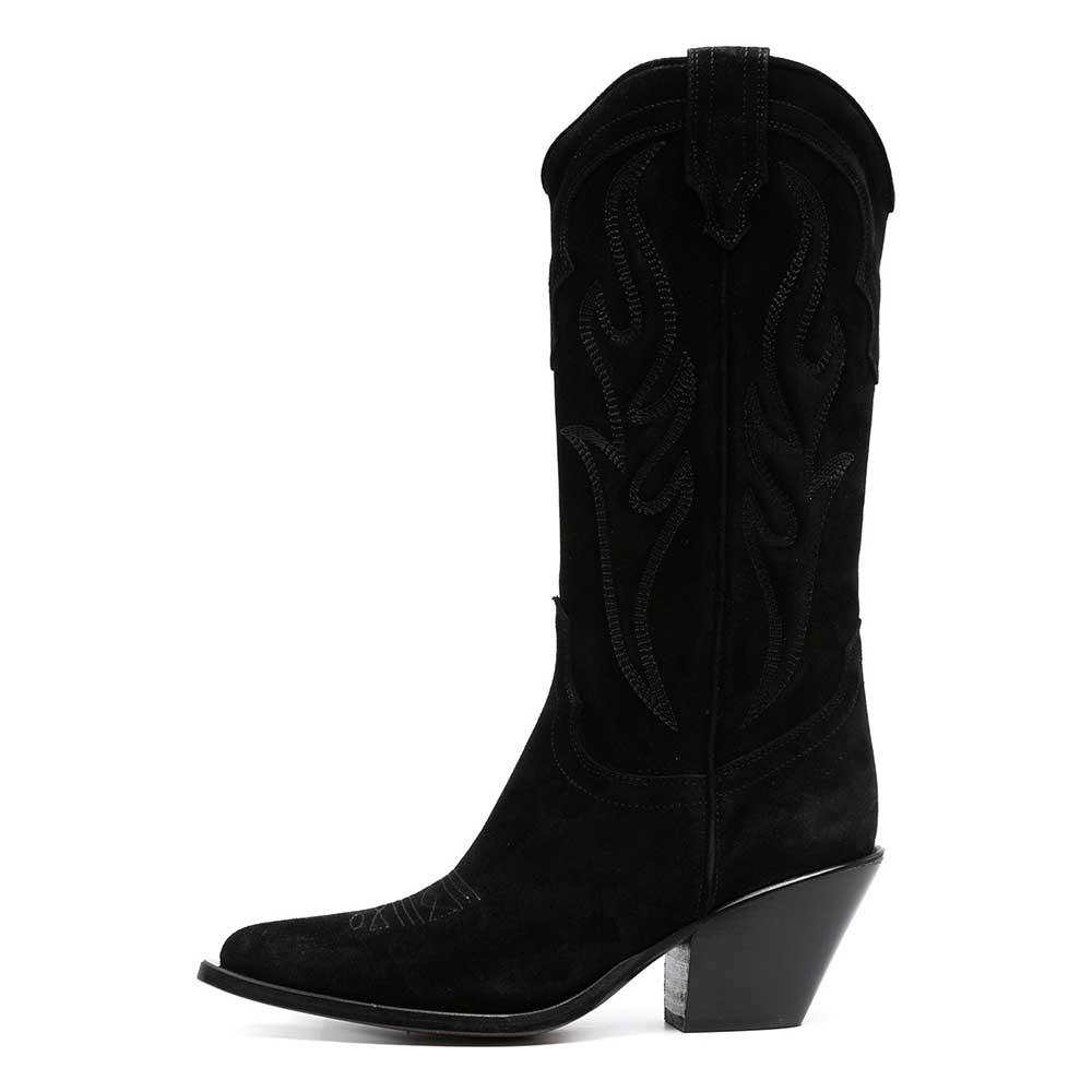 Black Pointed Faux Suede Wide Calf Pull-On Cowgirl Boots with Block Heels