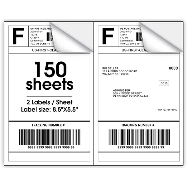 MaxGear® Half Sheet Shipping Address Labels-8.5" x 5.5",for Inkjet or Laser Printer, Strong Self Adhesive, Matte White Sticker Sheets, Dries Quickly, Holds Ink Well, 150 Sheets, 300 Labels 