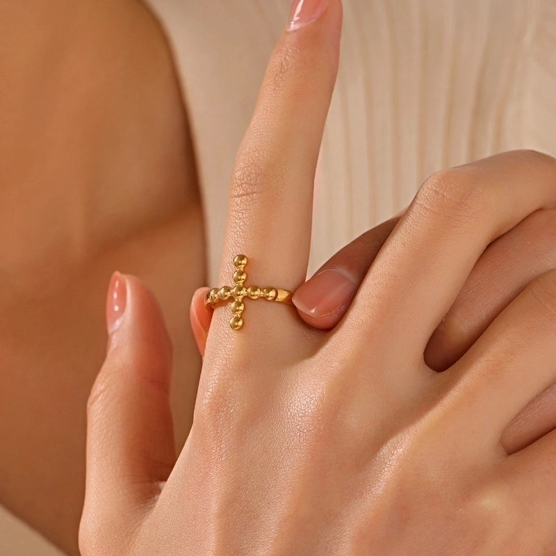 304 Stainless Steel 18K Gold Plated Roman Style Irregular Cross Open Rings