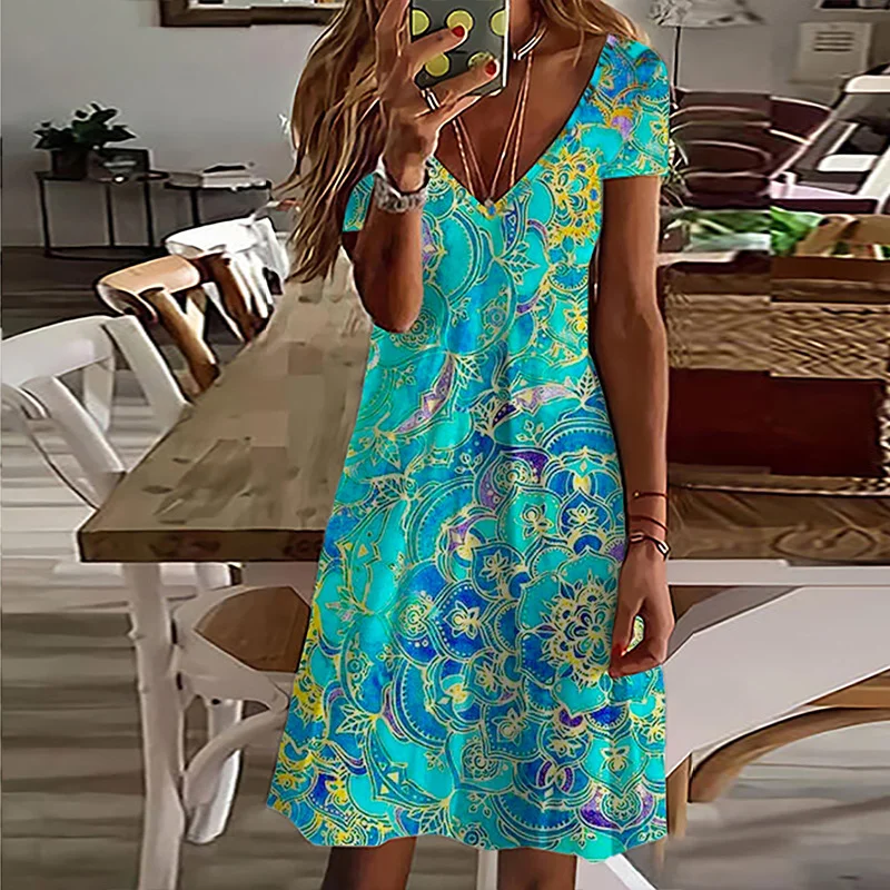 Printed V-Neck Casual Mini Dress