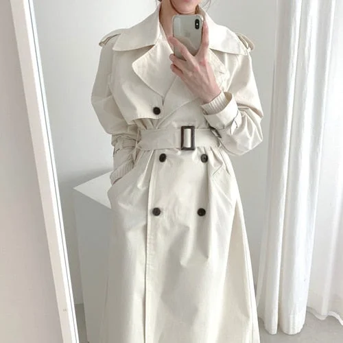 Ailegogo Autumn Women Chic White Long Trench Coat with Belt Vogue Loose Fit Double Breasted Turn Down Collar Windbreaker Outwear