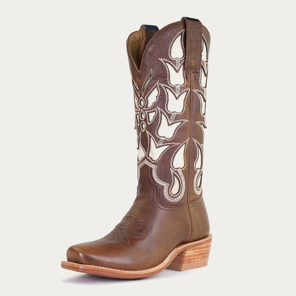 Tulip & Butterfly Embroidered Brown Square Toe Mid-Calf Cowgirl Boots Nicepairs