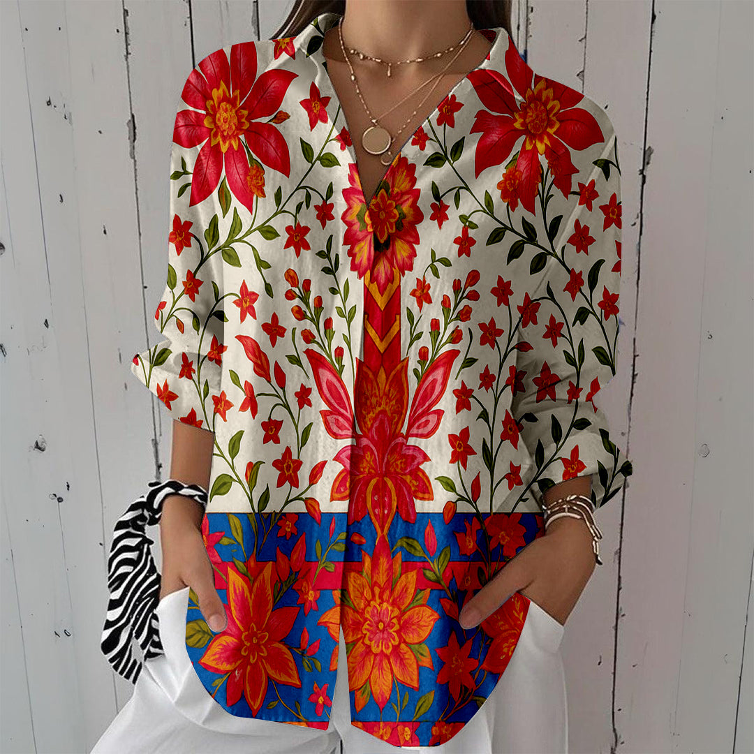Women Long Sleeve V-neck Graphic Floral Printed Top