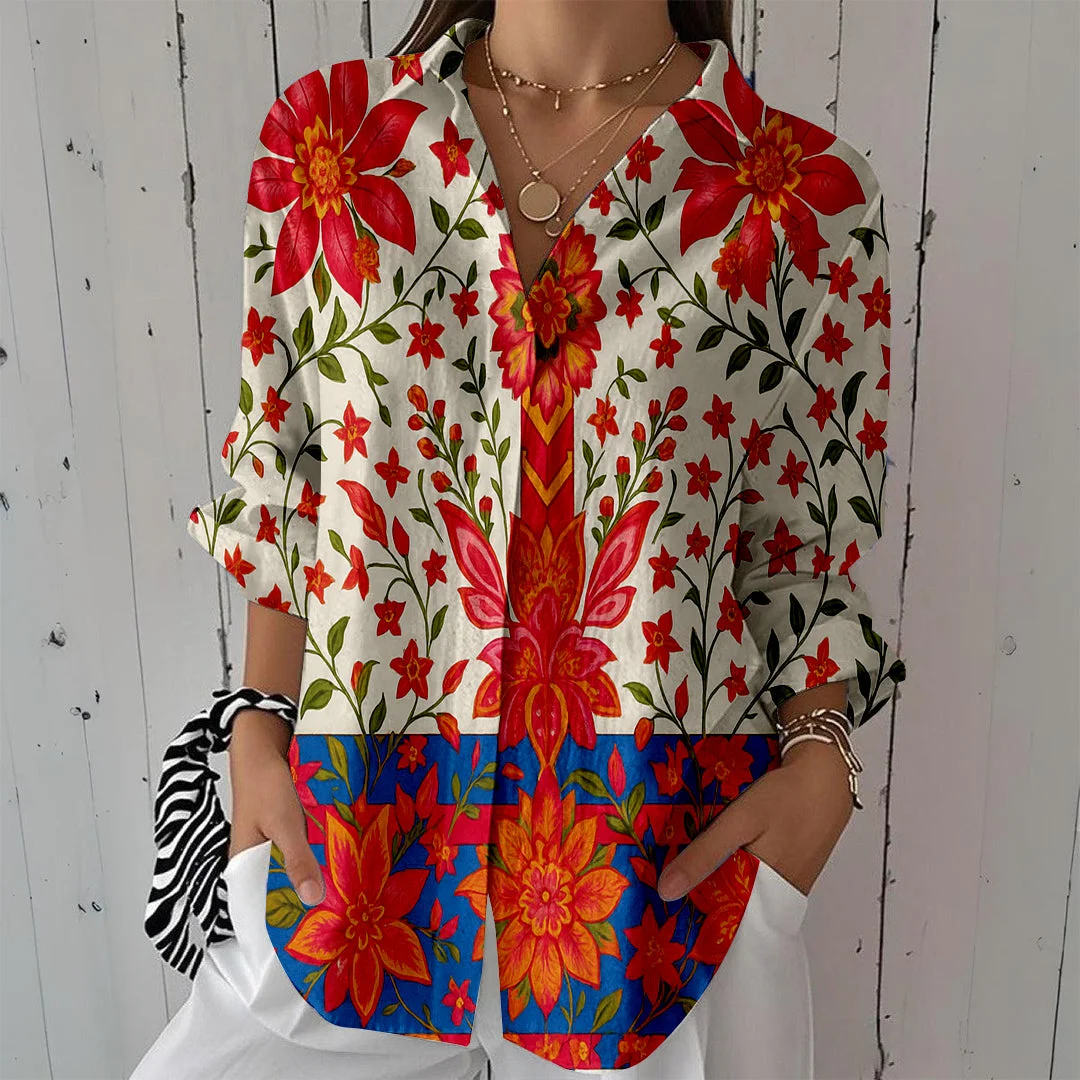 Style & Comfort for Mature Women Women Tropical, Red, Blue DZCL0094 3/4 Sleeve Shirt Collar Printed Button Tops