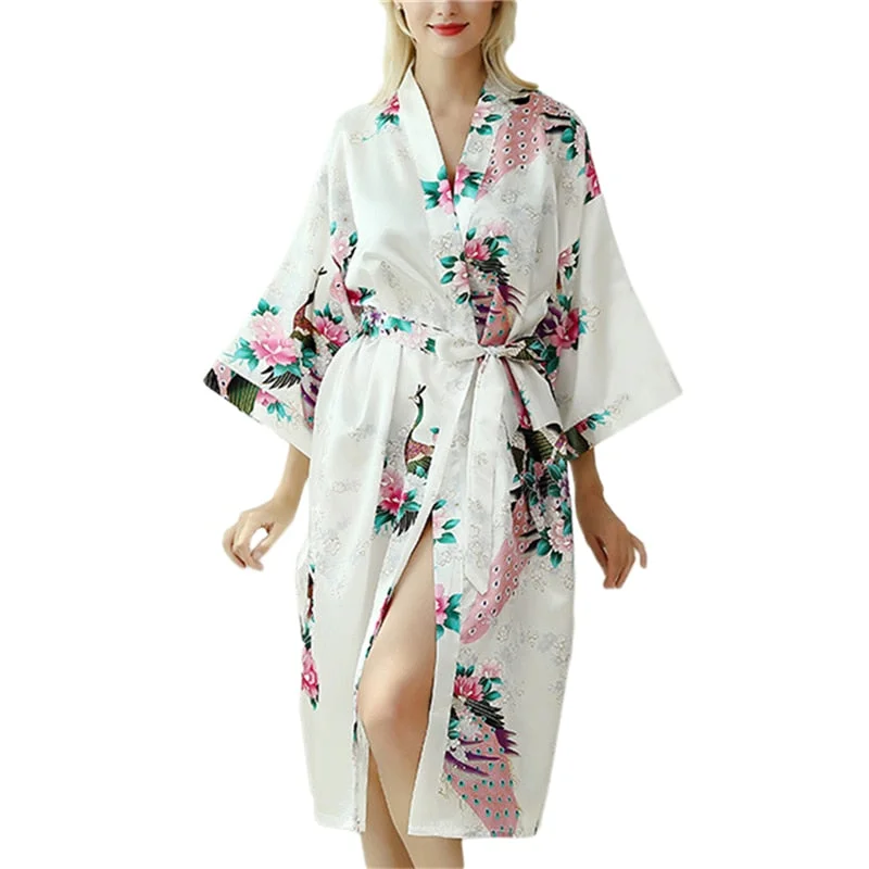 Lady Sexy Costumes Japanese Kimono Yukata Dress with Belt Satin Silk Cardigan Pajamas Sleepwear Woman Smooth Bathing Robe Gown