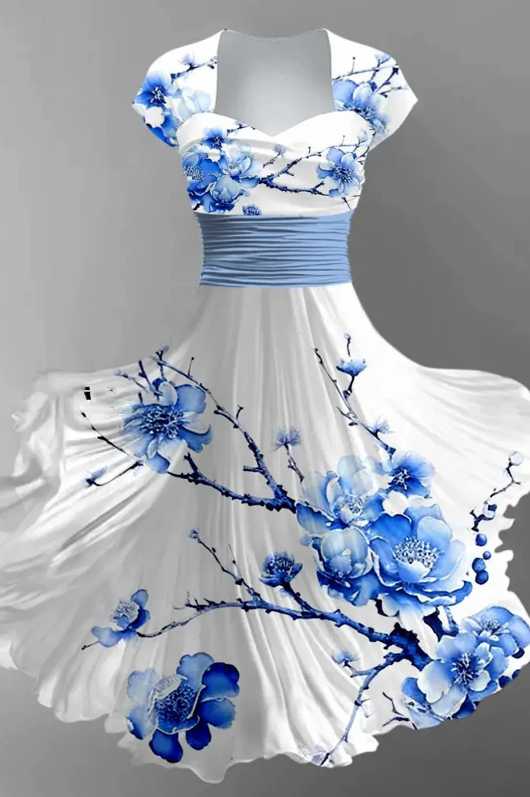 Floral Art Print V-Neck Vintage Chic Short Sleeve Midi Dress
