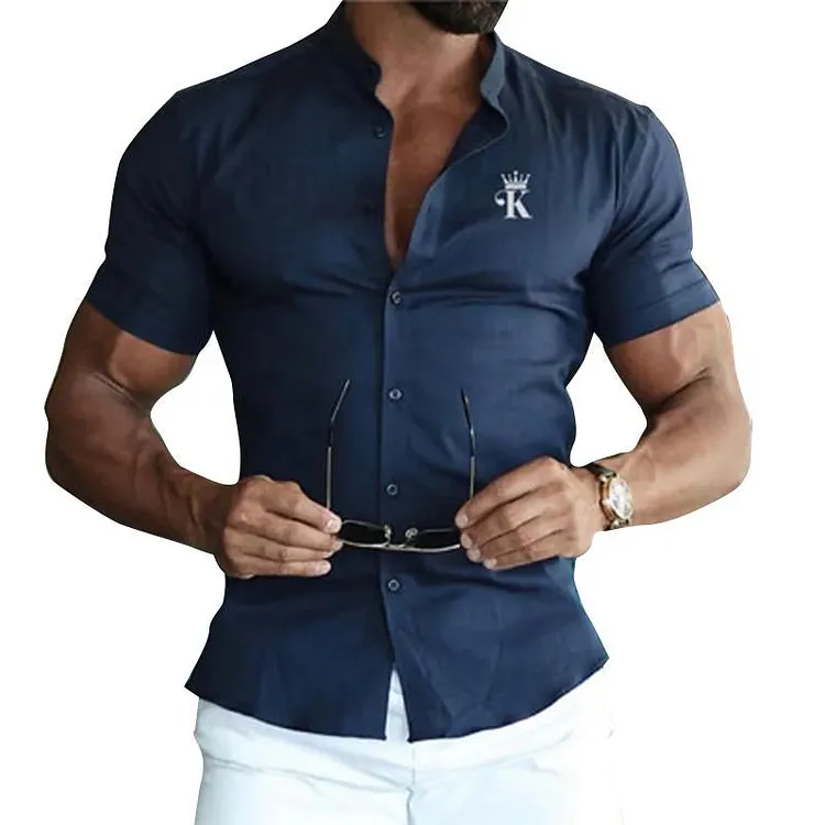 Men's Letter Print Simple Lapel Short Sleeve Shirt