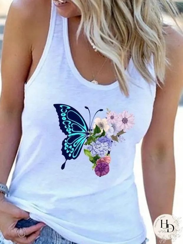 Crew Neck Butterfly Print Vest