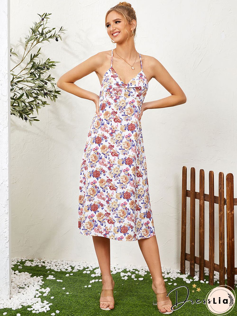 Flower Print Off The Shoulder Backless Sexy Dress