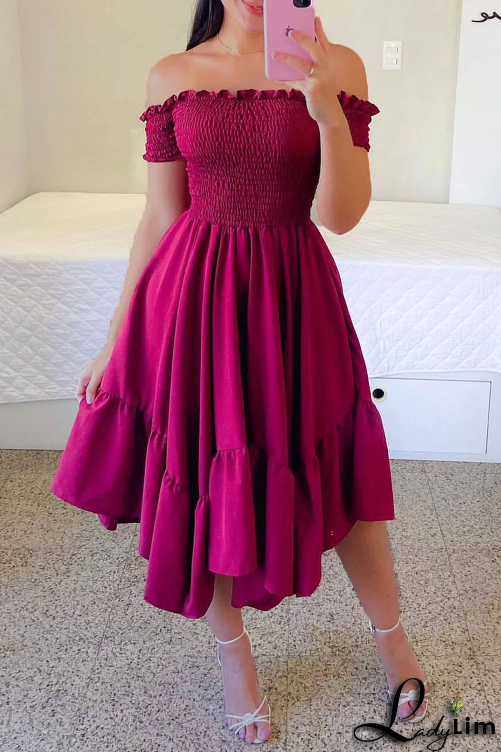 Burgundy Casual Sweet Solid Patchwork Flounce Fold Asymmetrical Off the Shoulder A Line Dresses