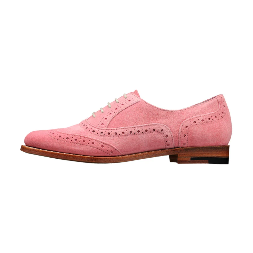 Classic Pink Vegan Suede Round Toe Punched Flat Wingtip Shoes