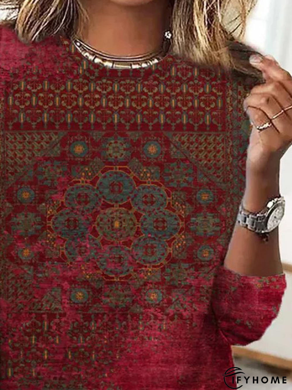 Plus Size Casual Ethnic Crew Neck T-Shirt | IFYHOME