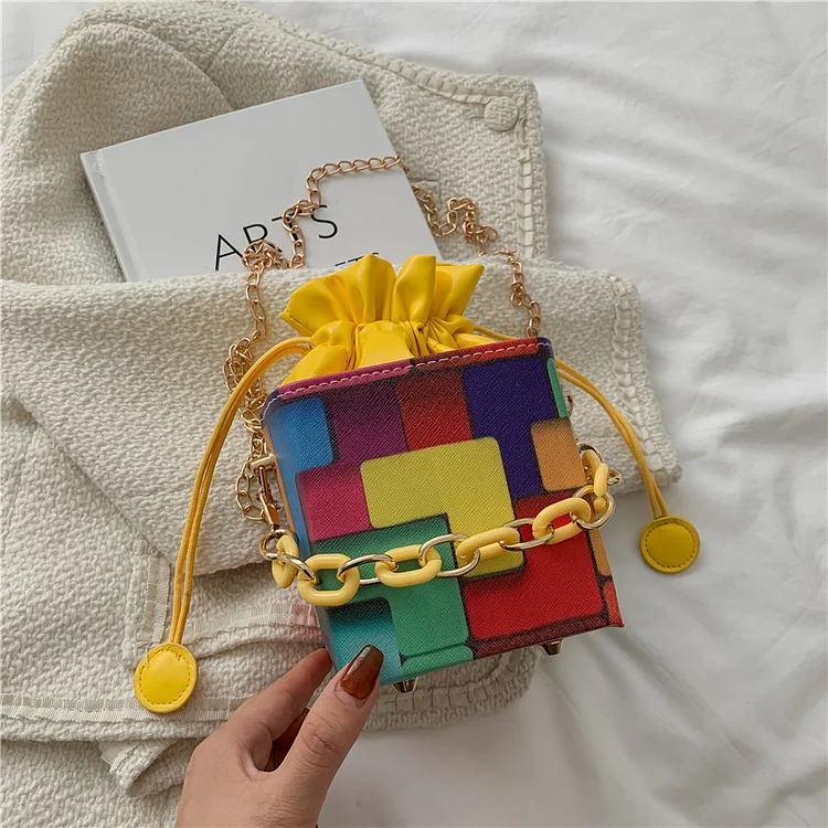 Daily Yellow Colorblock Chain Bucket Bag