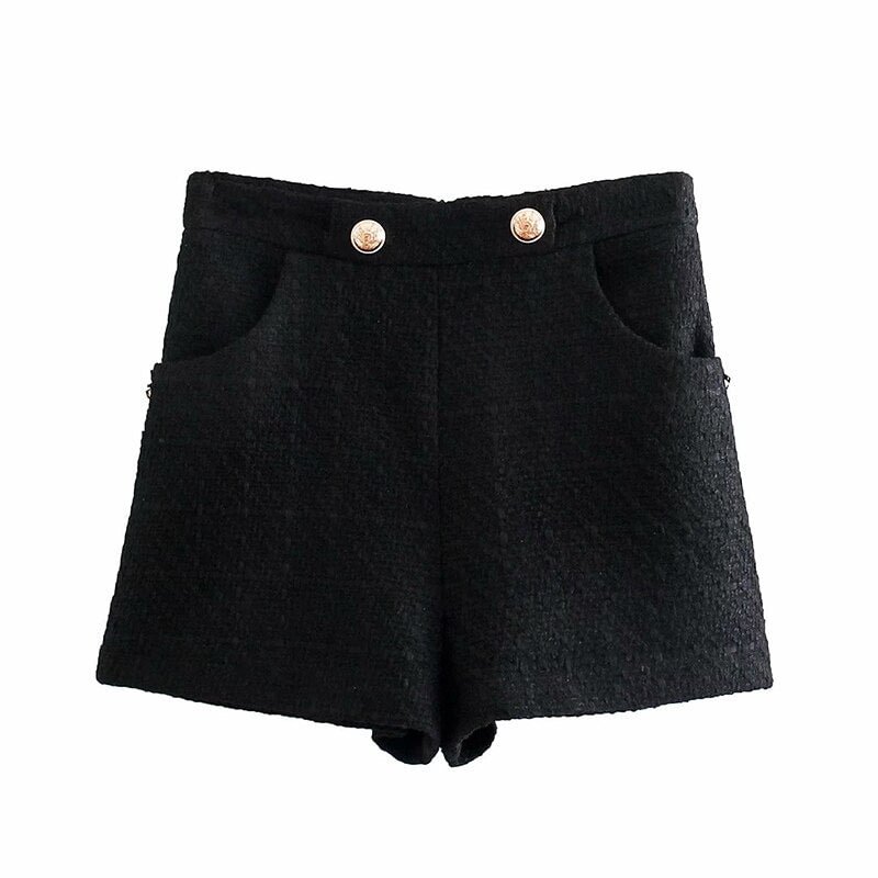 TRAF Women Chic Fashion Side Pockets Buttons Tweed Bermudas Shorts Vintage High Waist Back Zipper Female Short Femme
