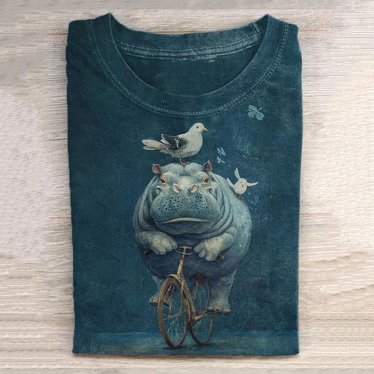 Comstylish Unisex Funny Hippopotamus Illustration Printed Casual Short-Sleeved T-Shirt