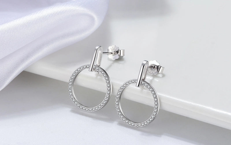 1 Pair 925 Sterling Silver Zircon Circle Round Drop Earrings