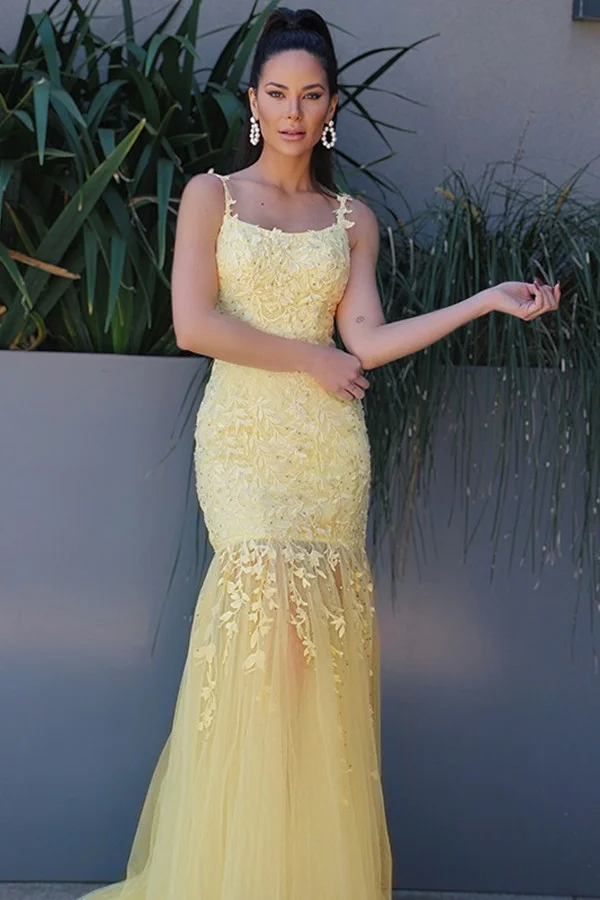 Bellasprom Yellow Mermaid Evening Dress Long Spaghetti-Straps Appliques