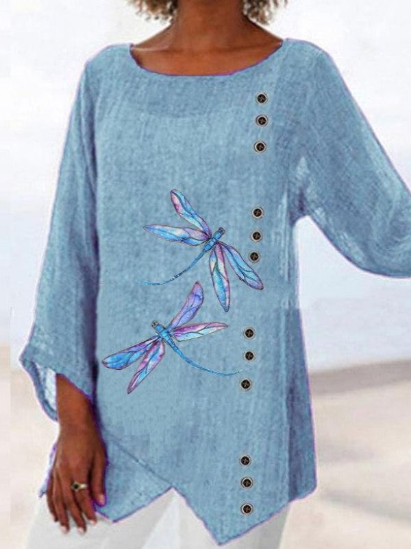 Plus Size Dragonfly Printed Crew Neck Blouse