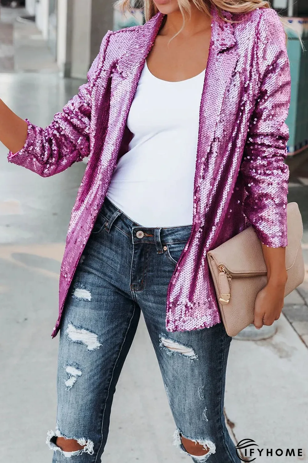 Street Patchwork Sequins Cardigan Collar Outerwear | IFYHOME