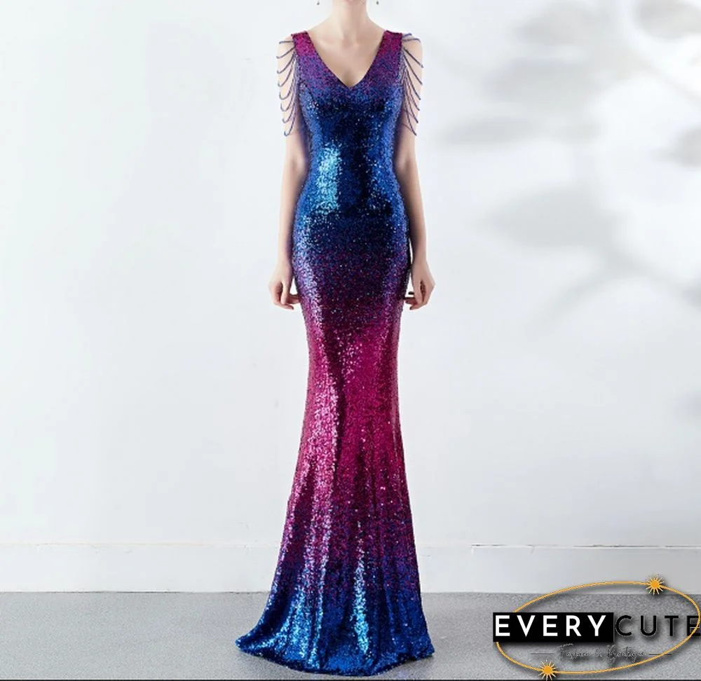 6 Colors Sexy Sequined Evening Party Gowns Women's Deep V Neck Floor-length Cocktail Dress Slim Mermaid Prom Dresses