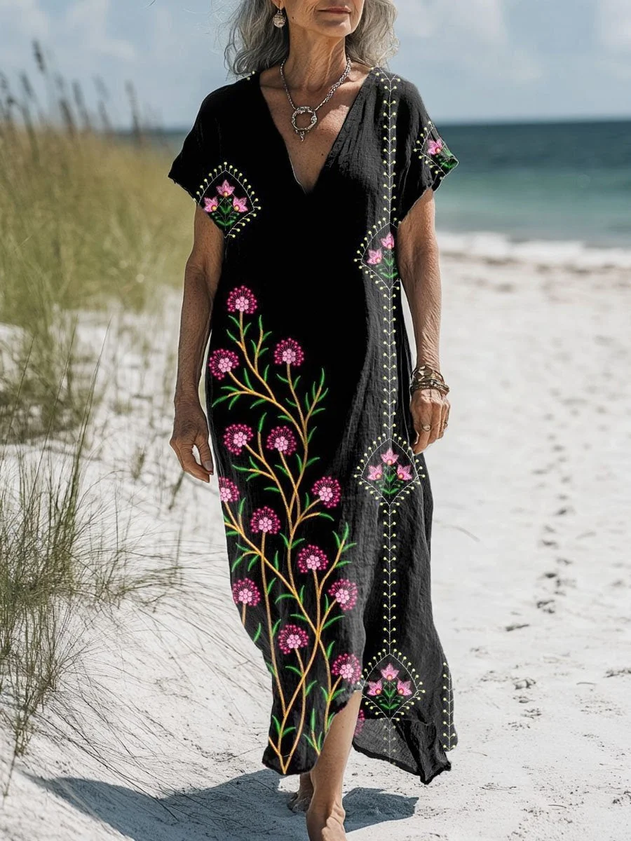 Women's  Floral  Art Print Pocket Cotton Dress