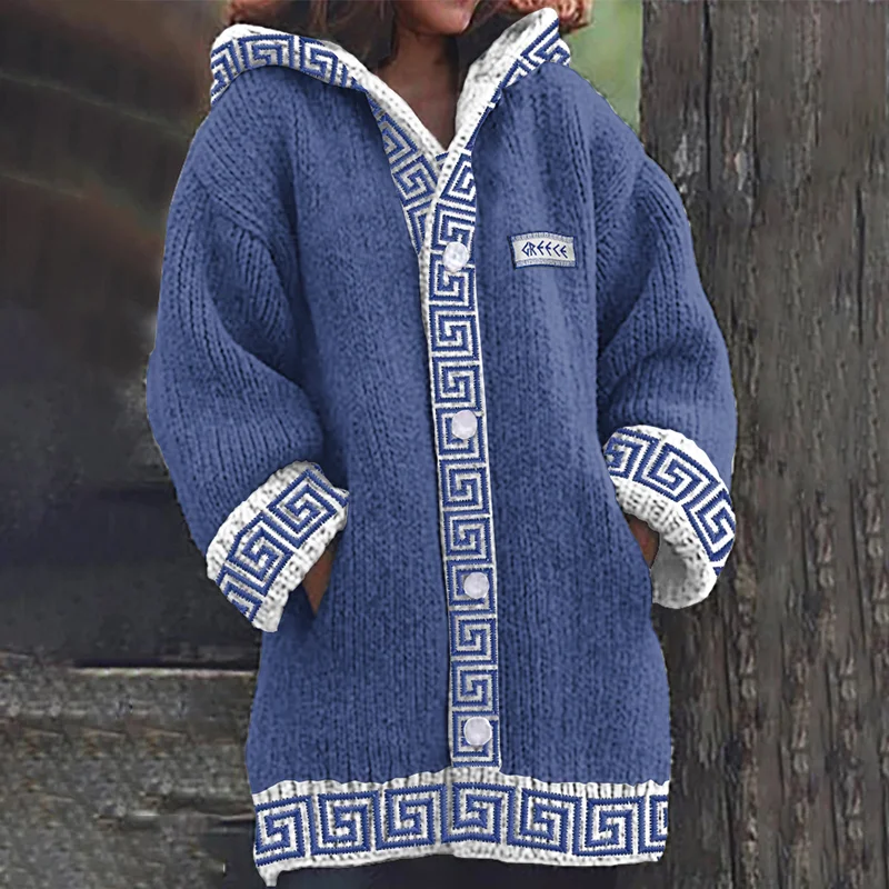 Greek Key Pattern Cozy Knit Hooded Cardigan