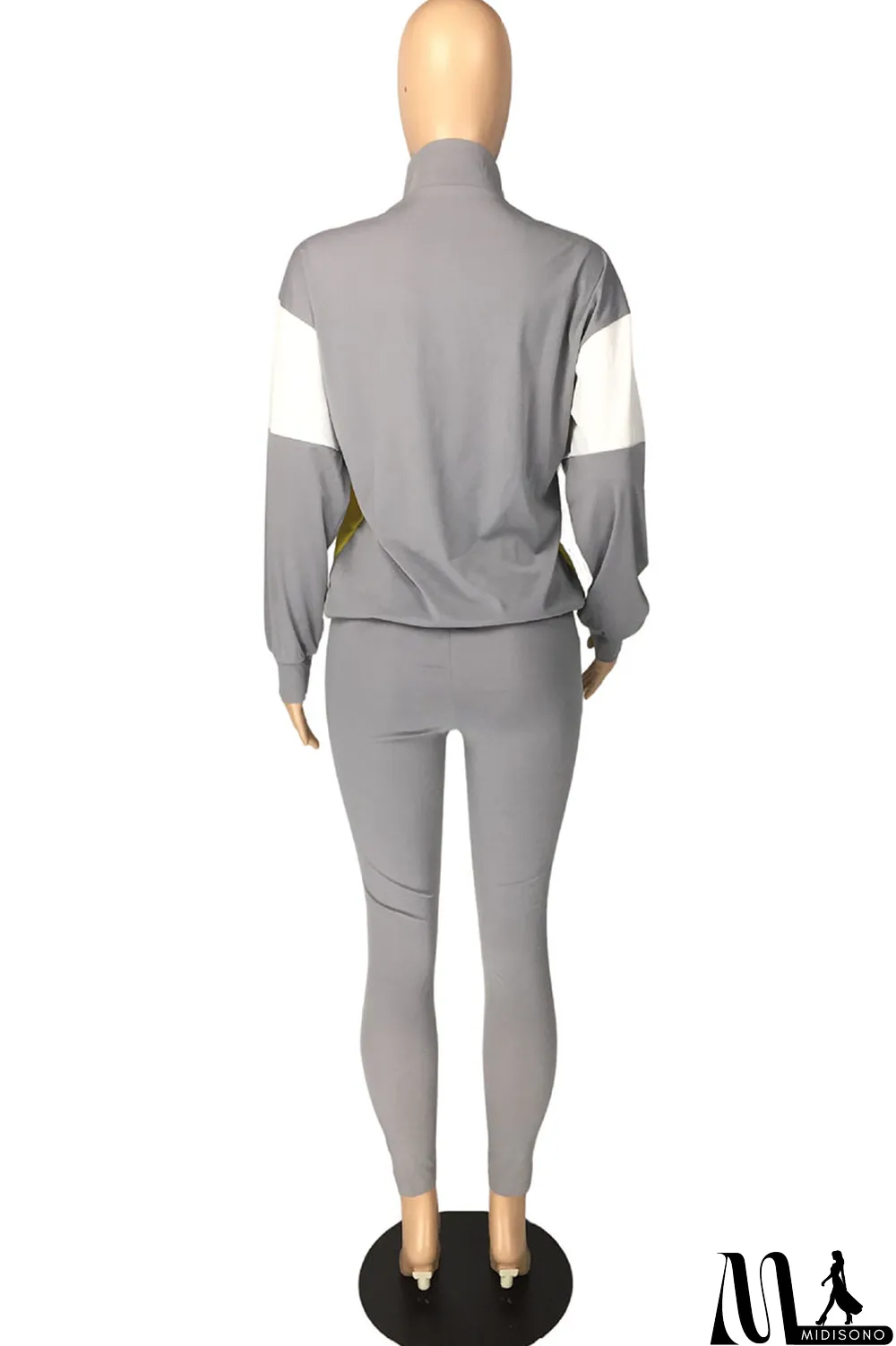 MidiSono - Fluorescent green Casual Striped Print Zippered Split Joint Mandarin Collar Long Sleeve Two Pieces