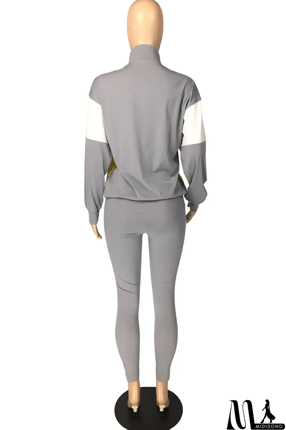 MidiSono - Fluorescent green Casual Striped Print Zippered Split Joint Mandarin Collar Long Sleeve Two Pieces