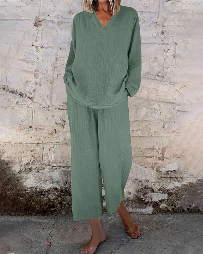 V Neck Loose Top & Wide Leg Side Pockets Pants Solid Color Set