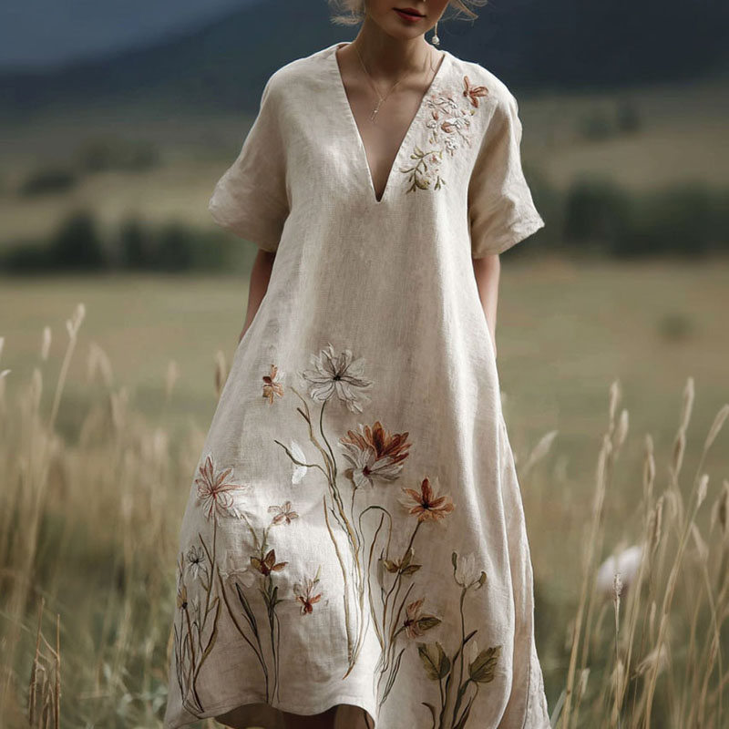 Women's Retro Floral Pattern V-neck Short-sleeve Casual Linen Dress elevenforest