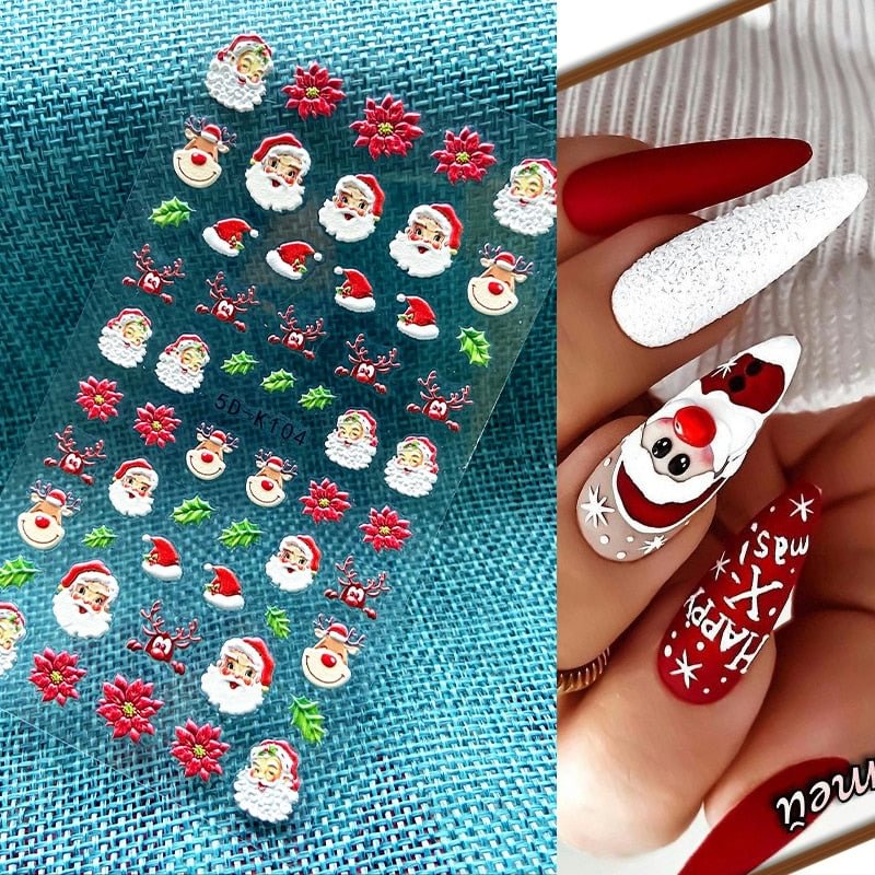1PC 5D Nail Stickers Winter Santa Claus Self-Adhesive Slider Nail Art Decorations Christmas Snow Decals Manicure Accessories