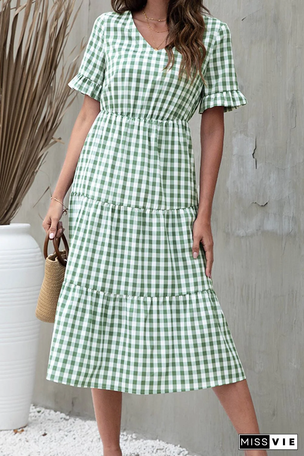 Plaid Print Short Sleeve Midi Dress Wholesale