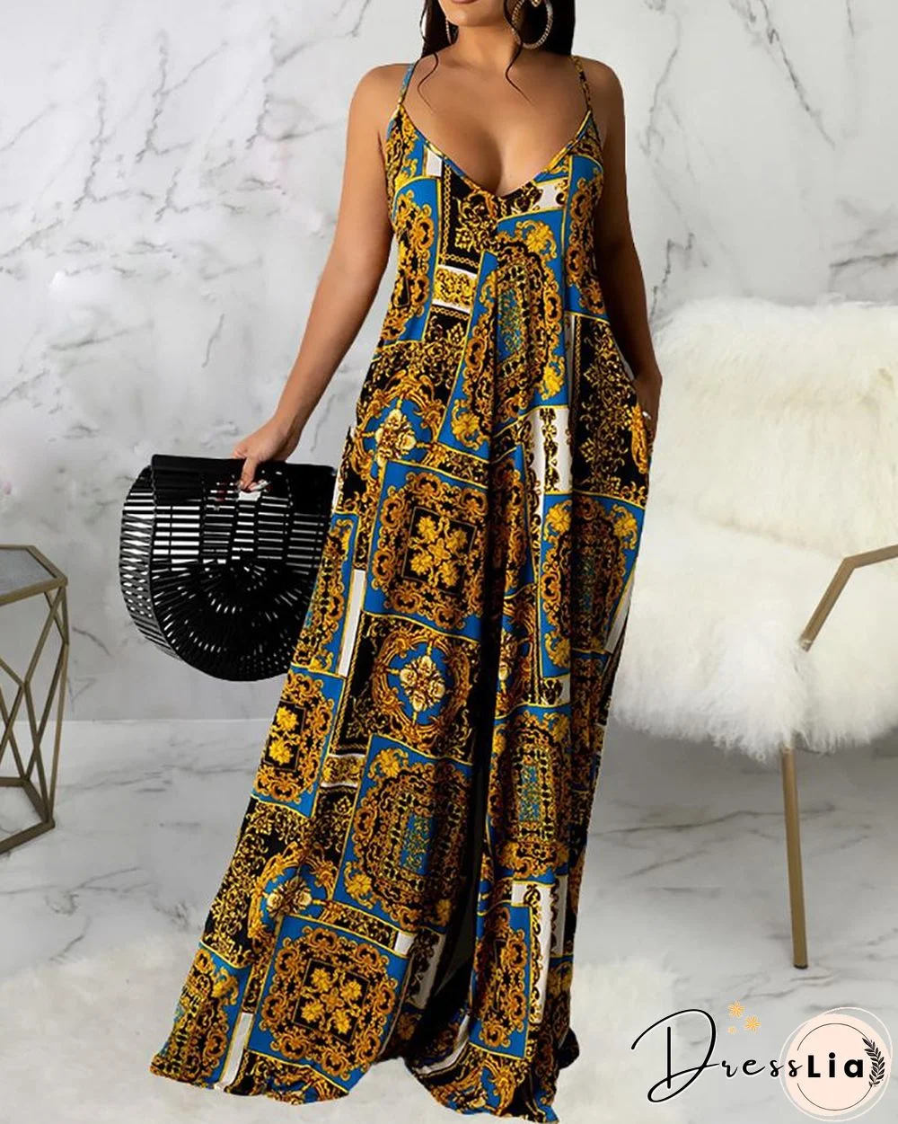 Scarf Print Ruched Sleeveless Maxi Dress