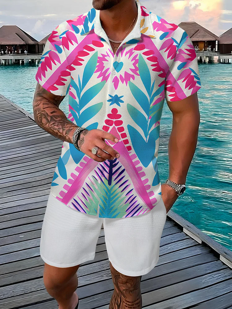 Men's Vacation Colorful Geometric Flower Plant Print Short Sleeve Shirt Set