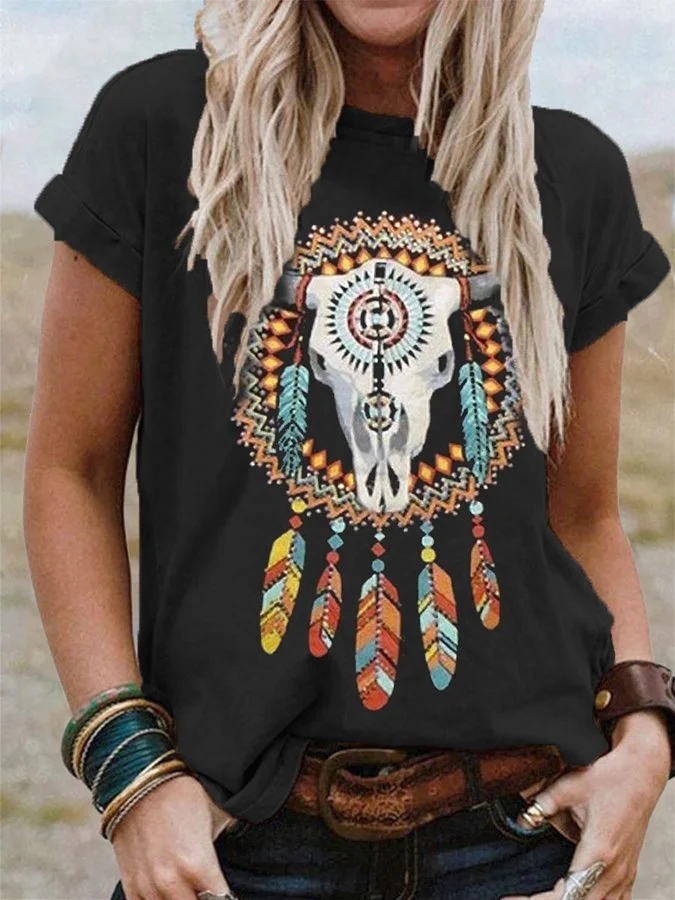 West Indian Feather Print Short Sleeve T-Shirt