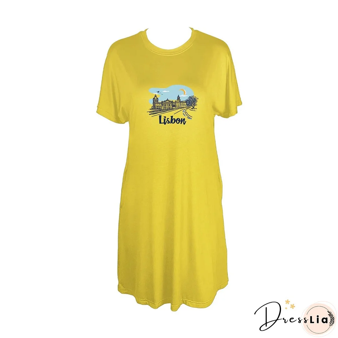 Detailed Lisbon Skyline Graphic Print Crew Neck Tee Dress, Casual Short Sleeve Dress For Spring & Summer, Women's Clothing
