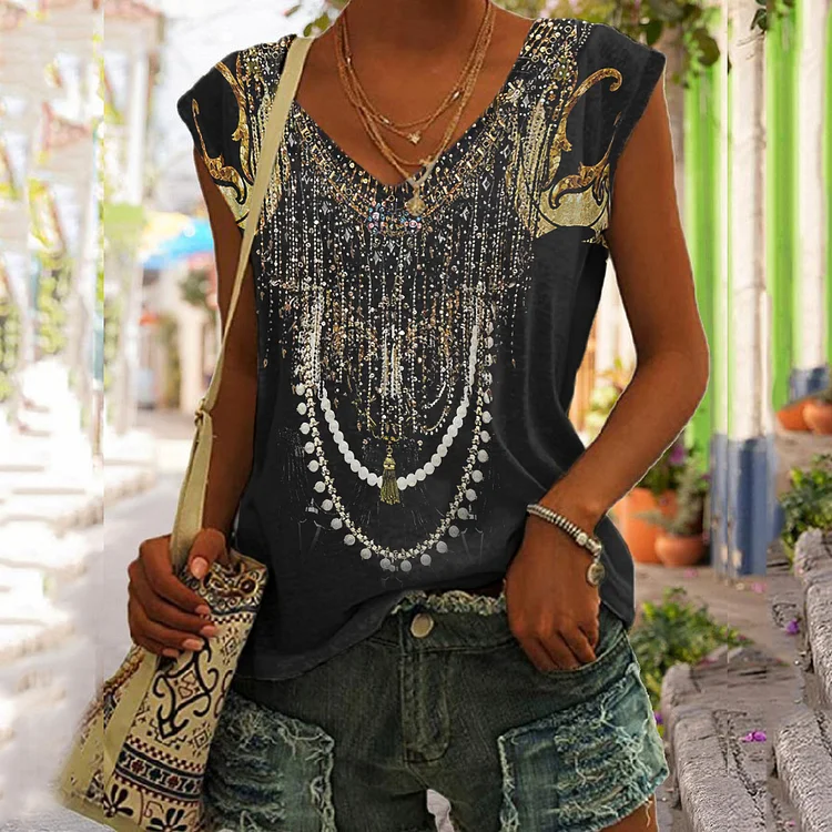 Western Vintage Print V Neck Tank Top